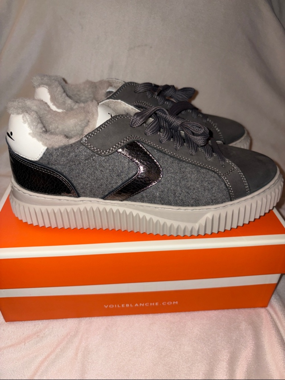 NWT VOILE BLANCHE LIPARI Charcoal Grey Fur Suede and Felt Sneakers - Picture 10 of 16